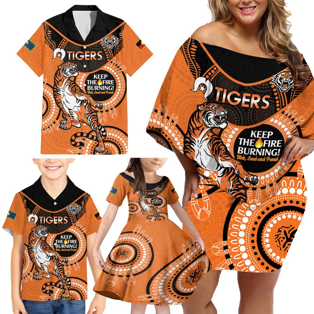Custom NRL Tigers NAIDOC Week Family Matching Off Shoulder Short Dress and Hawaiian Shirt Keep The Fire Burning Indigenous Art