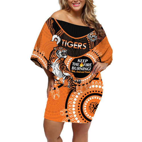 Custom NRL Tigers NAIDOC Week Family Matching Off Shoulder Short Dress and Hawaiian Shirt Keep The Fire Burning Indigenous Art