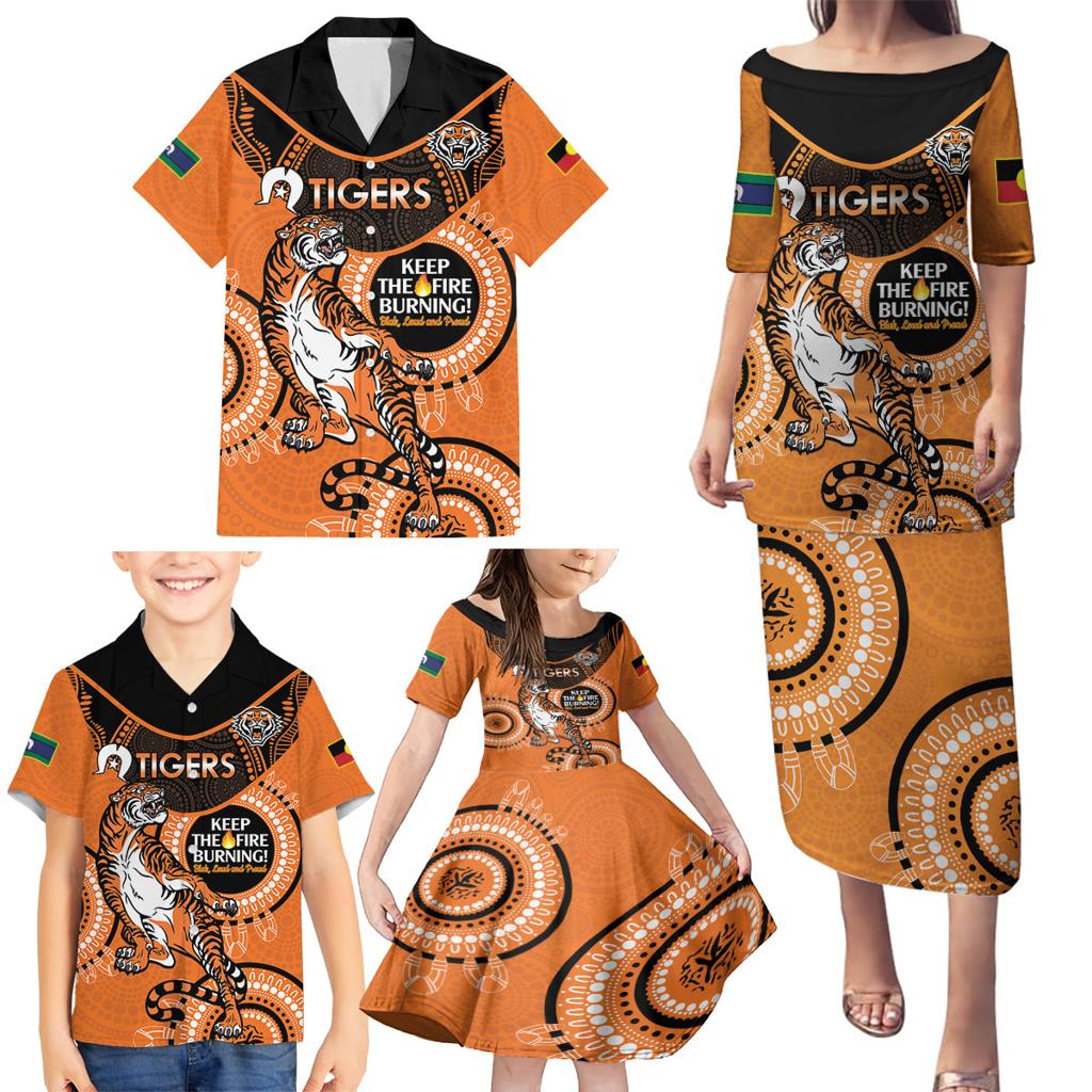 Custom NRL Tigers NAIDOC Week Family Matching Puletasi and Hawaiian Shirt Keep The Fire Burning Indigenous Art
