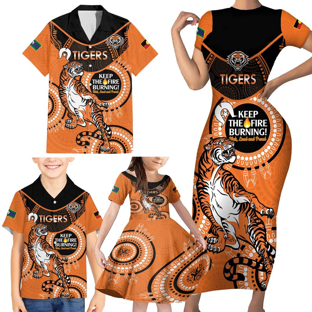 Custom NRL Tigers NAIDOC Week Family Matching Short Sleeve Bodycon Dress and Hawaiian Shirt Keep The Fire Burning Indigenous Art