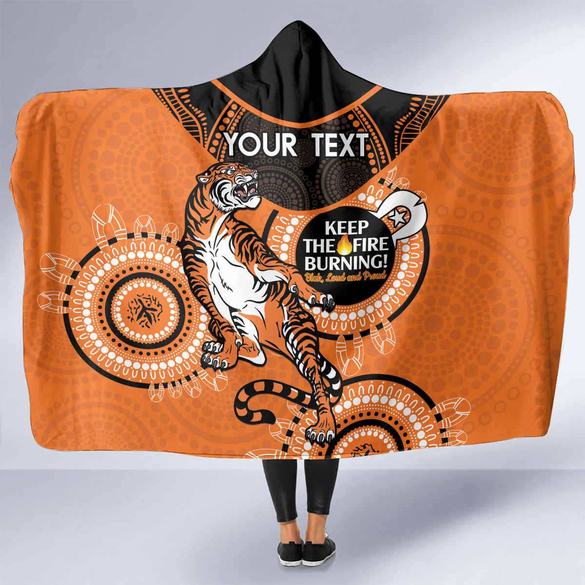 Custom NRL Tigers NAIDOC Week Hooded Blanket Keep The Fire Burning Indigenous Art
