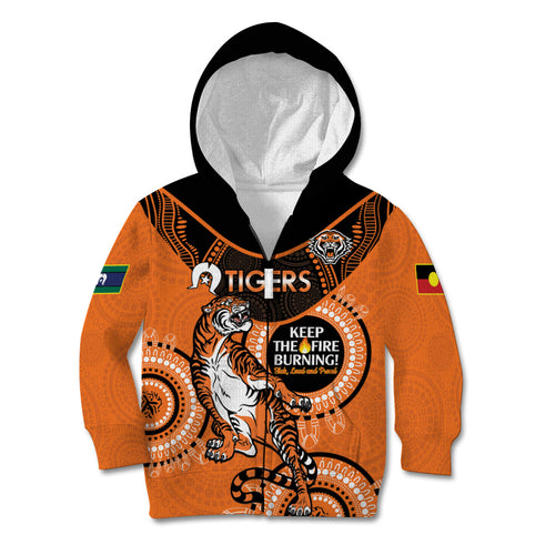 Custom NRL Tigers NAIDOC Week Kid Hoodie Keep The Fire Burning Indigenous Art