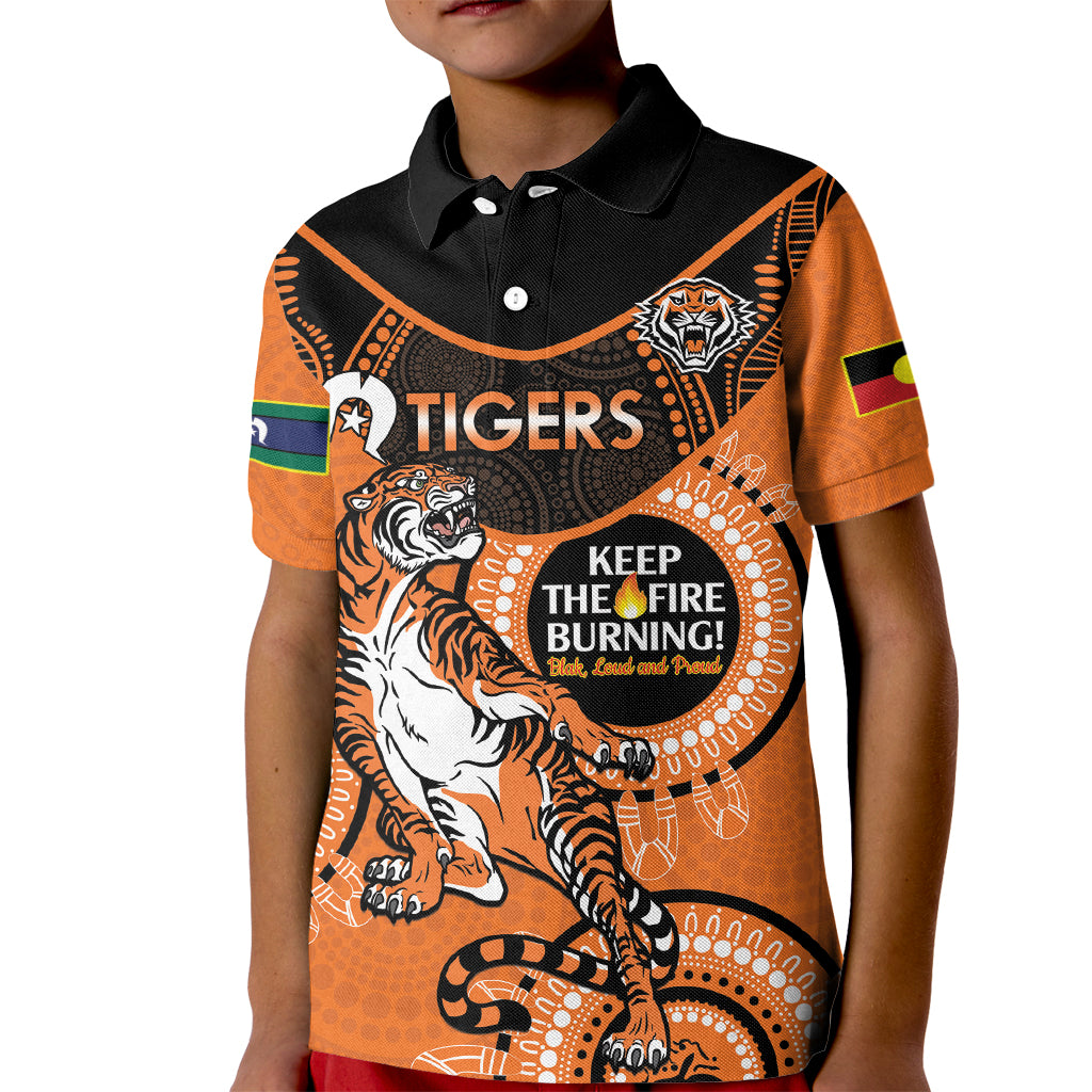 Custom NRL Tigers NAIDOC Week Kid Polo Shirt Keep The Fire Burning Indigenous Art