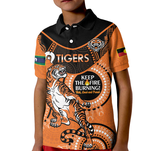 Custom NRL Tigers NAIDOC Week Kid Polo Shirt Keep The Fire Burning Indigenous Art