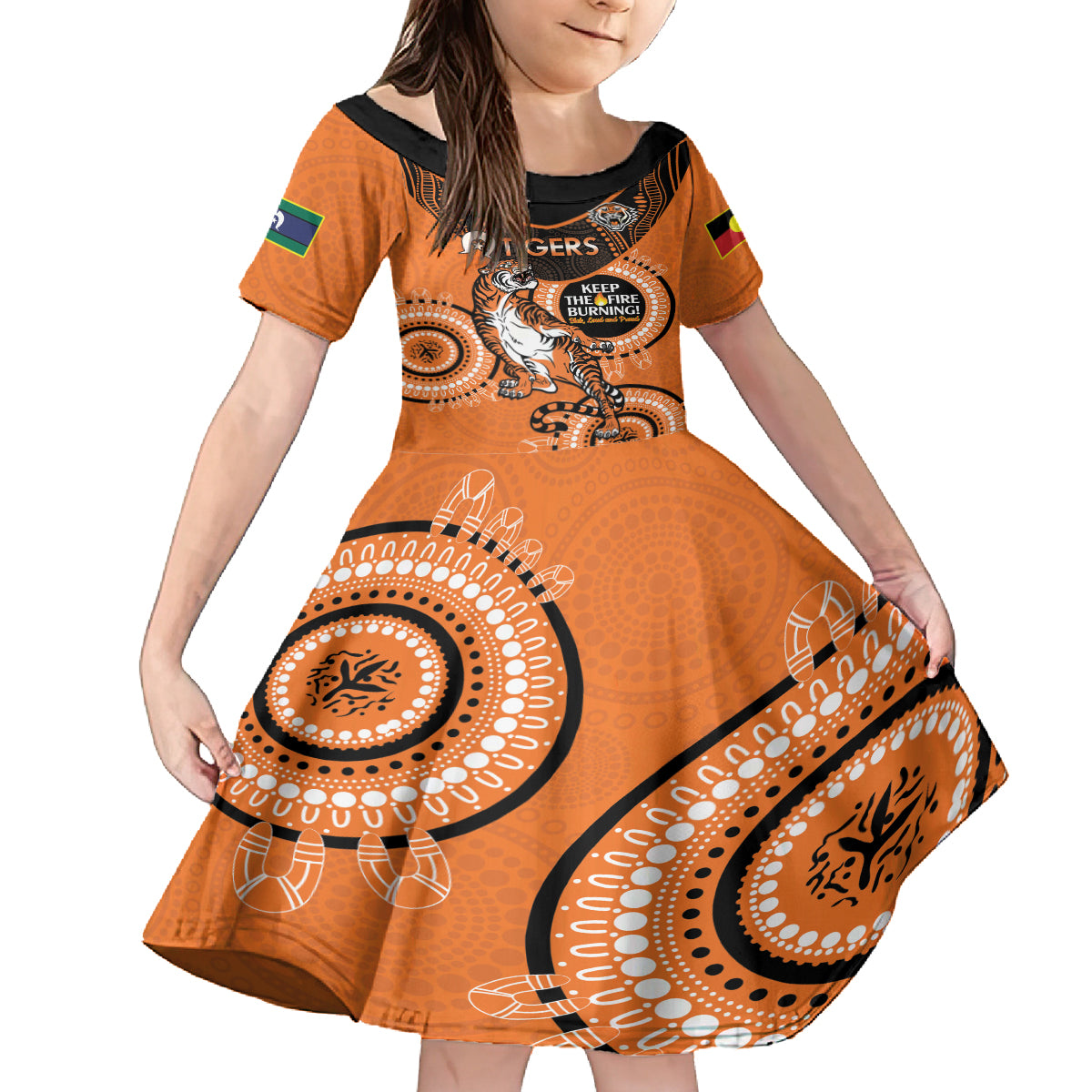 Custom NRL Tigers NAIDOC Week Kid Short Sleeve Dress Keep The Fire Burning Indigenous Art