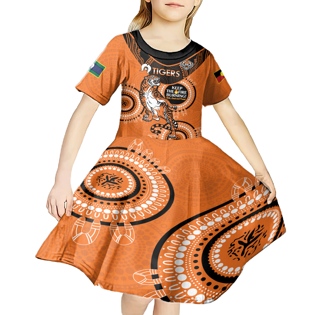 Custom NRL Tigers NAIDOC Week Kid Short Sleeve Dress Keep The Fire Burning Indigenous Art