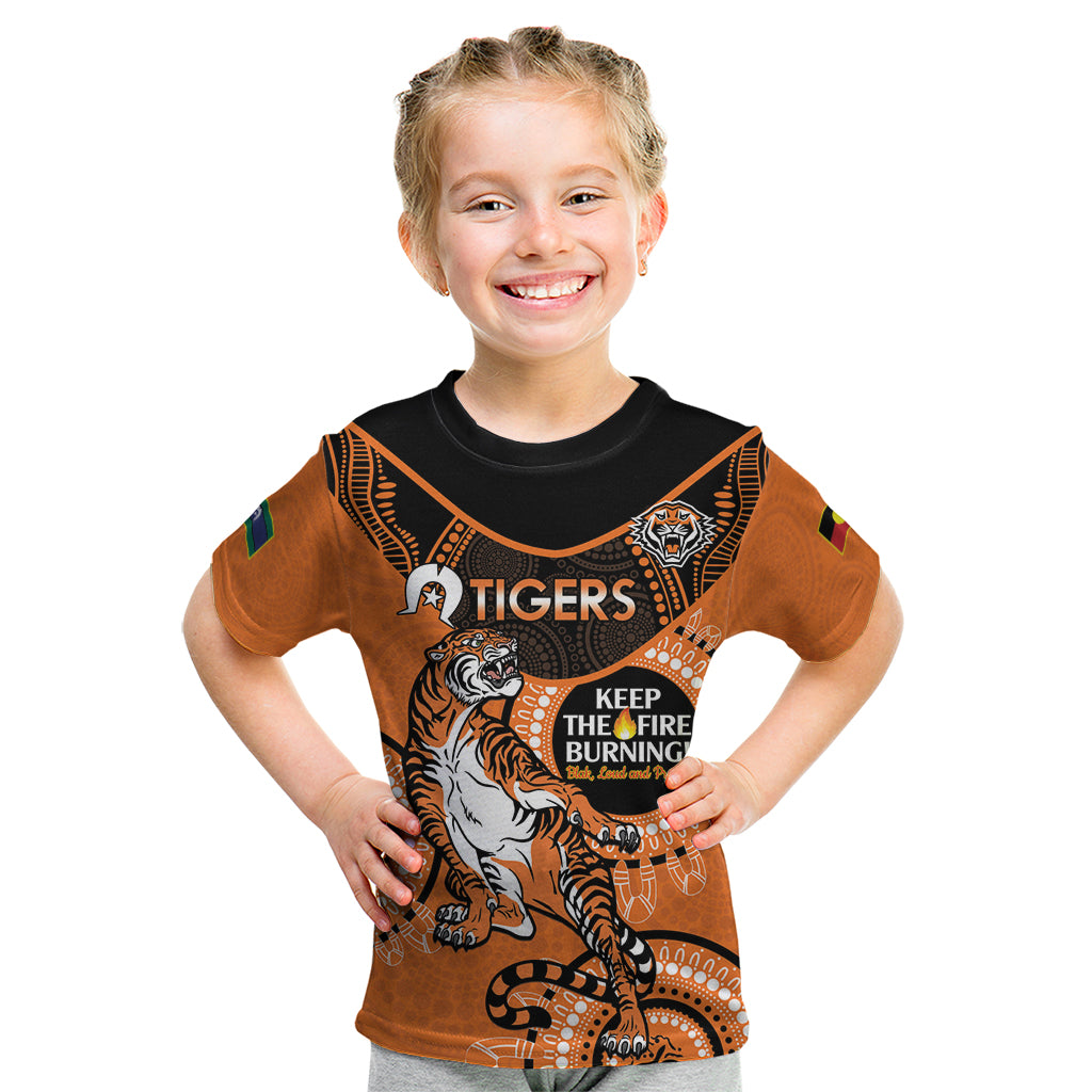 Custom NRL Tigers NAIDOC Week Kid T Shirt Keep The Fire Burning Indigenous Art