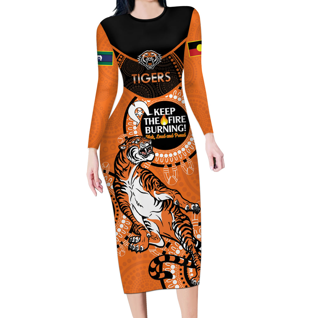 Custom NRL Tigers NAIDOC Week Long Sleeve Bodycon Dress Keep The Fire Burning Indigenous Art