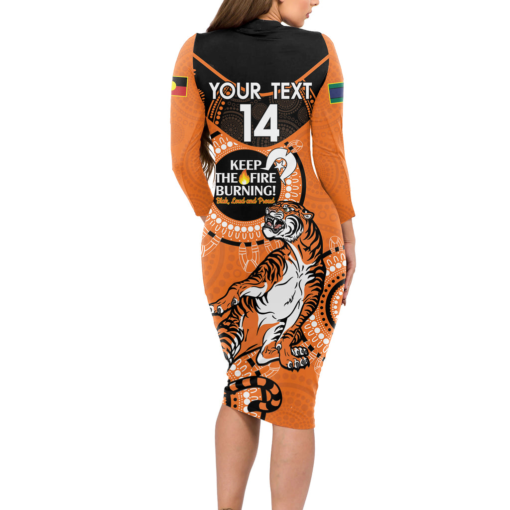 Custom NRL Tigers NAIDOC Week Long Sleeve Bodycon Dress Keep The Fire Burning Indigenous Art