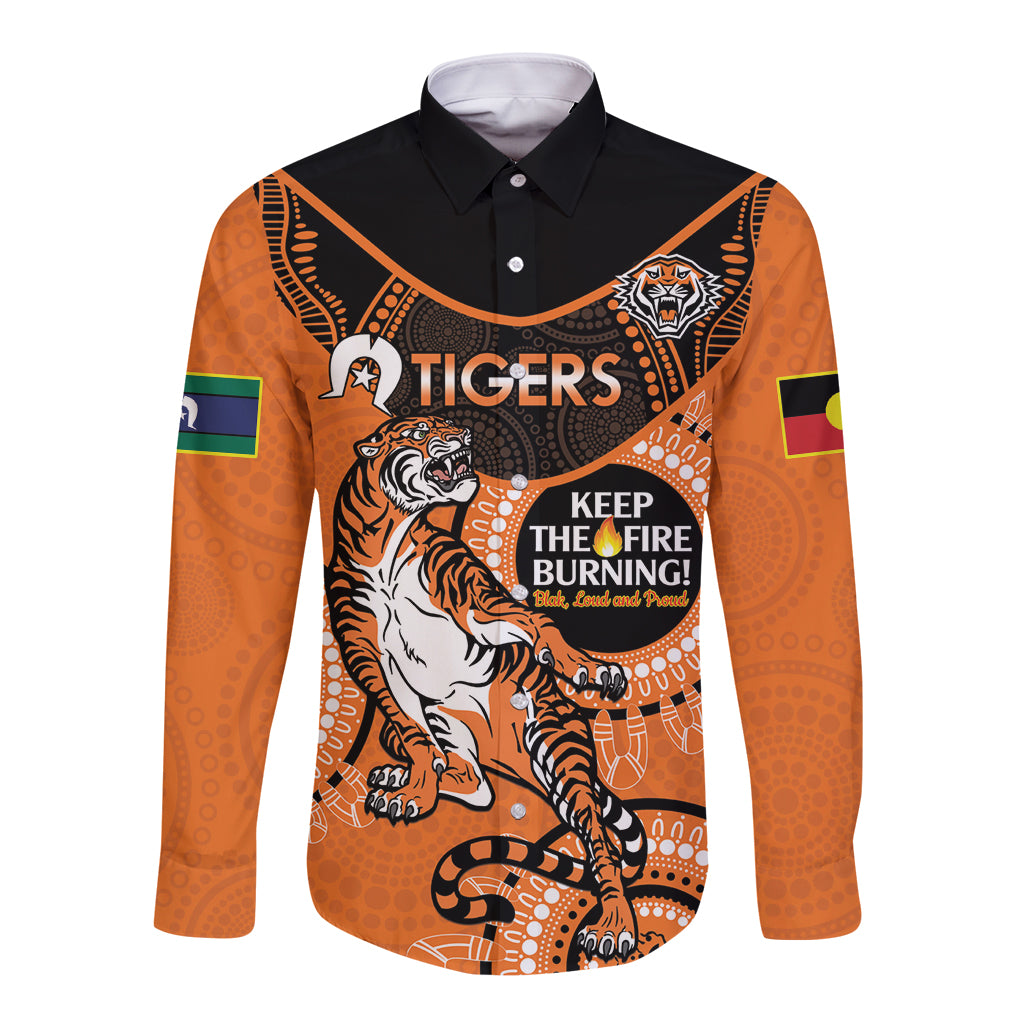 Custom NRL Tigers NAIDOC Week Long Sleeve Button Shirt Keep The Fire Burning Indigenous Art