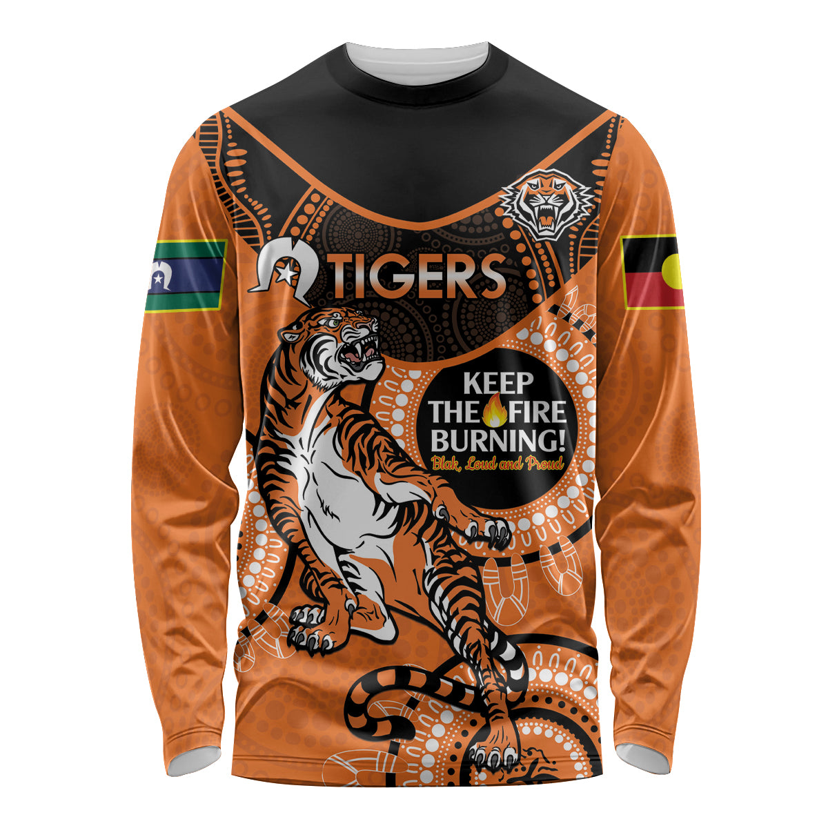 Custom NRL Tigers NAIDOC Week Long Sleeve Shirt Keep The Fire Burning Indigenous Art