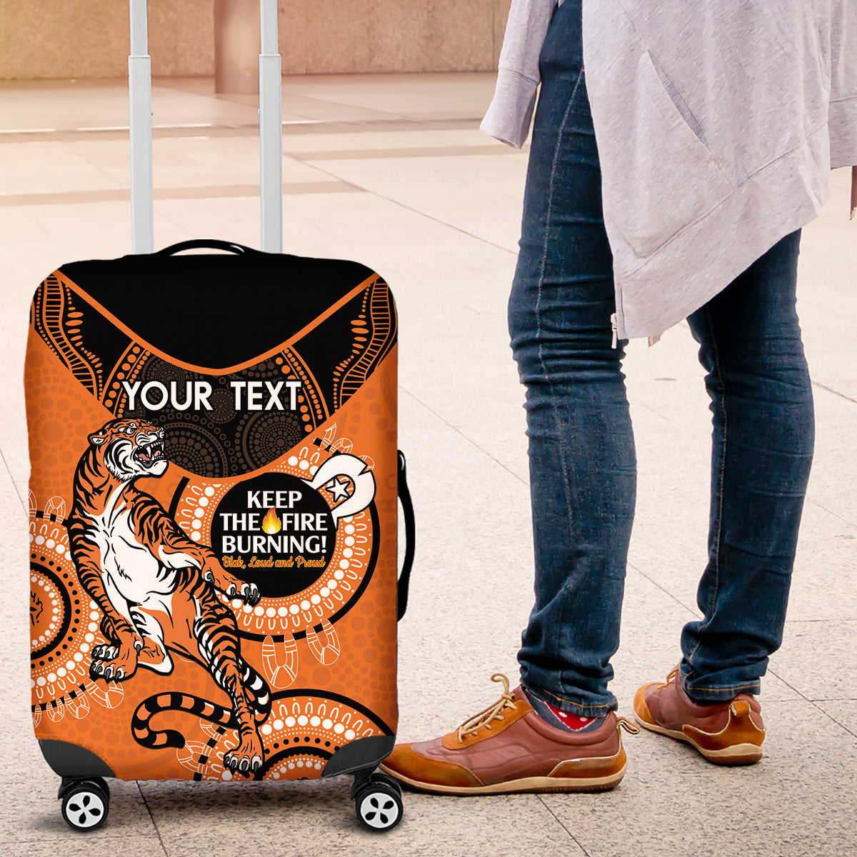 Custom NRL Tigers NAIDOC Week Luggage Cover Keep The Fire Burning Indigenous Art