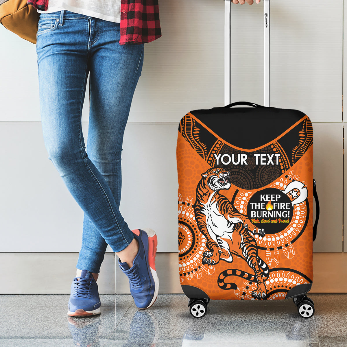 Custom NRL Tigers NAIDOC Week Luggage Cover Keep The Fire Burning Indigenous Art