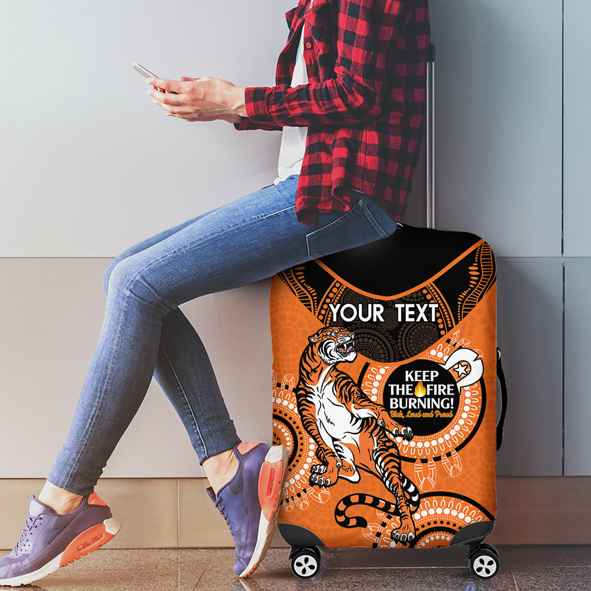Custom NRL Tigers NAIDOC Week Luggage Cover Keep The Fire Burning Indigenous Art
