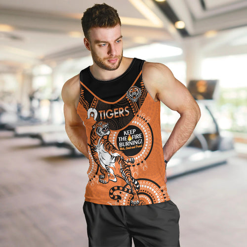 Custom NRL Tigers NAIDOC Week Men Tank Top Keep The Fire Burning Indigenous Art