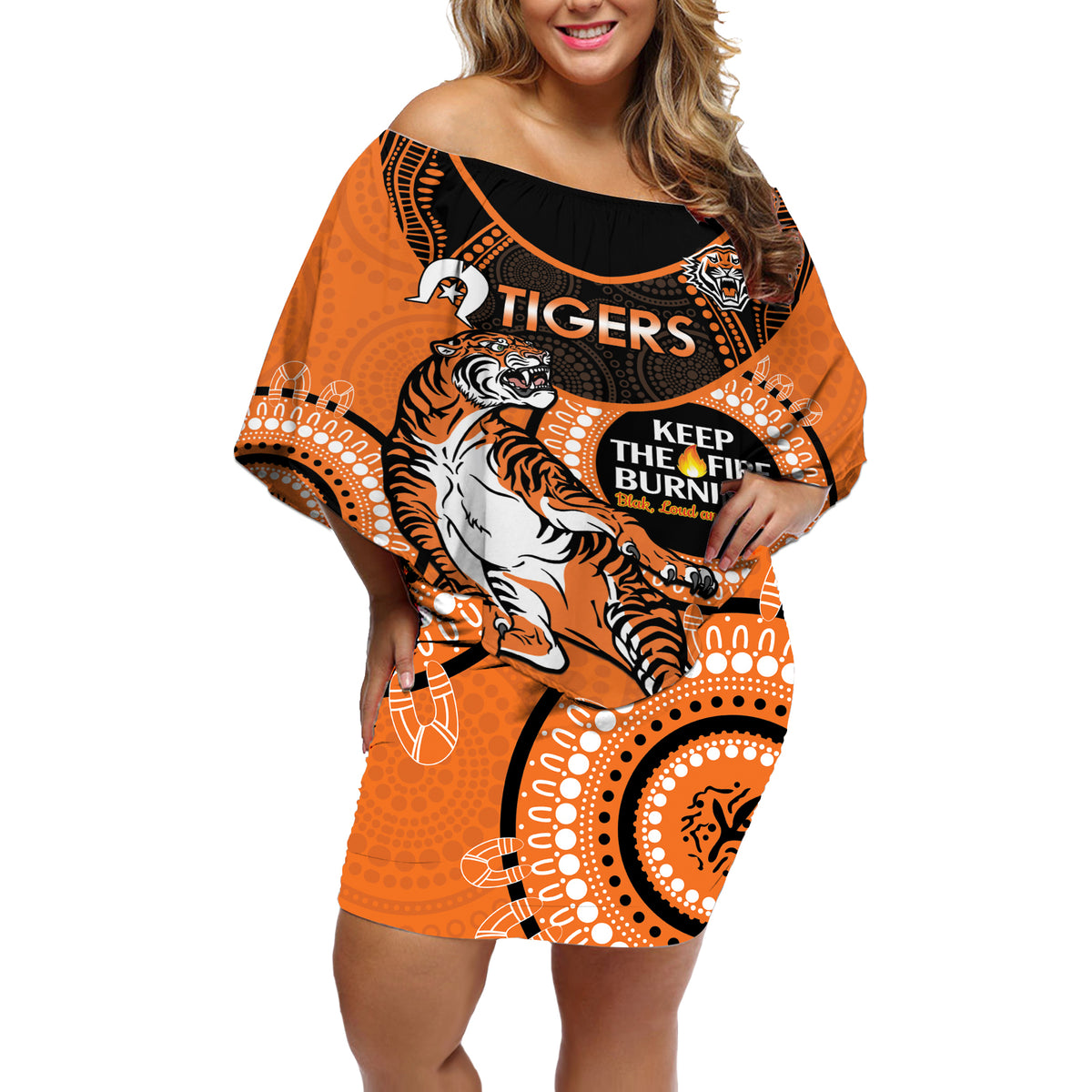 Custom NRL Tigers NAIDOC Week Off Shoulder Short Dress Keep The Fire Burning Indigenous Art