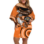 Custom NRL Tigers NAIDOC Week Off Shoulder Short Dress Keep The Fire Burning Indigenous Art