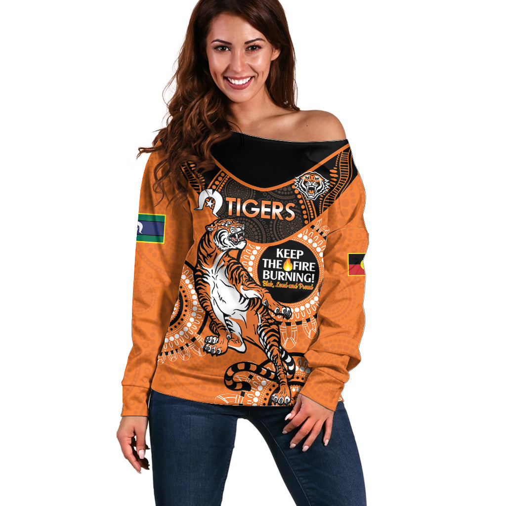 Custom NRL Tigers NAIDOC Week Off Shoulder Sweater Keep The Fire Burning Indigenous Art