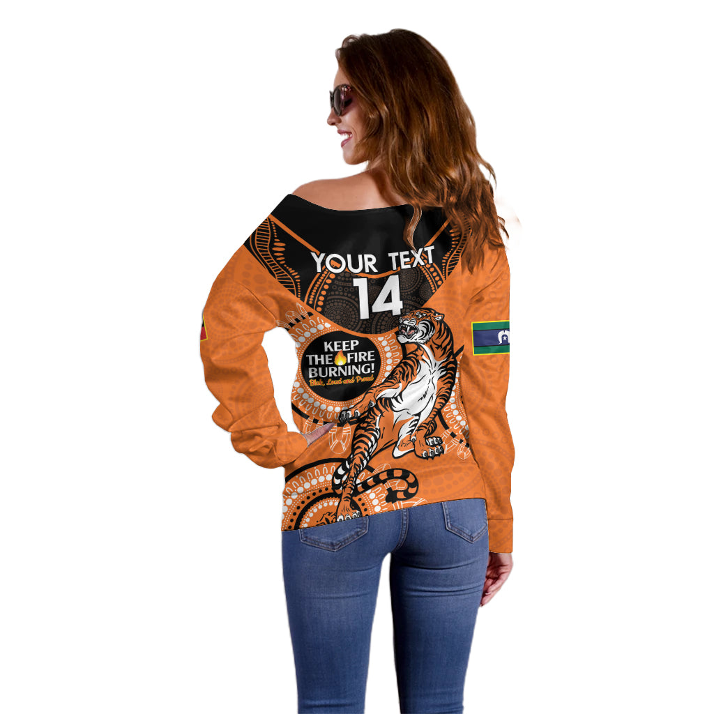 Custom NRL Tigers NAIDOC Week Off Shoulder Sweater Keep The Fire Burning Indigenous Art