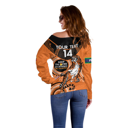 Custom NRL Tigers NAIDOC Week Off Shoulder Sweater Keep The Fire Burning Indigenous Art