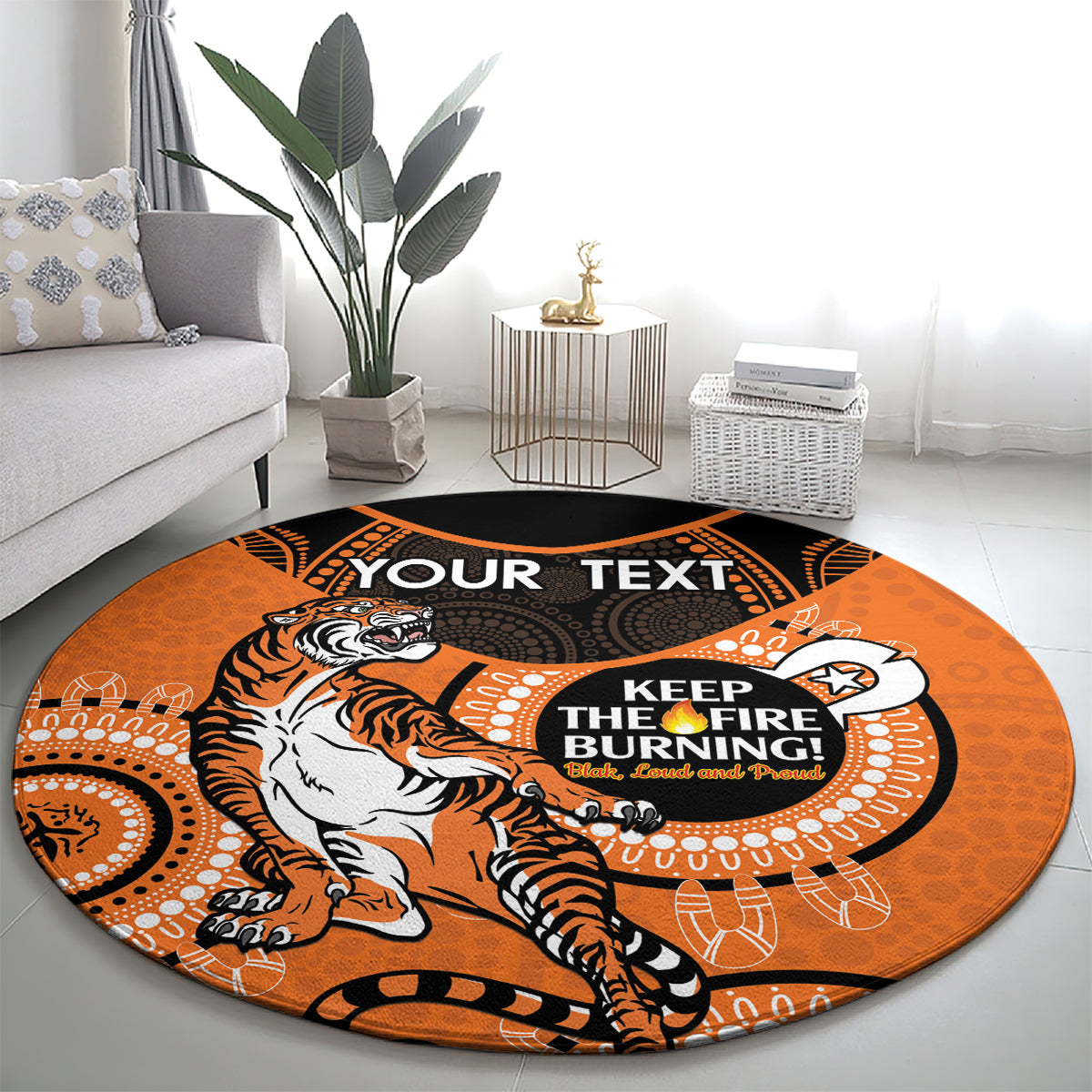 Custom NRL Tigers NAIDOC Week Round Carpet Keep The Fire Burning Indigenous Art