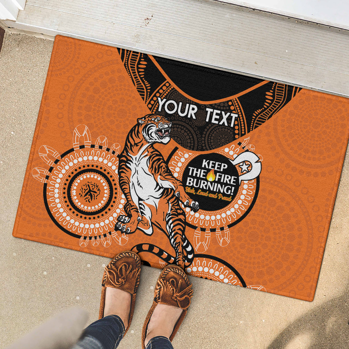 Custom NRL Tigers NAIDOC Week Rubber Doormat Keep The Fire Burning Indigenous Art