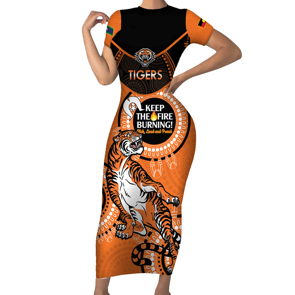 Custom NRL Tigers NAIDOC Week Short Sleeve Bodycon Dress Keep The Fire Burning Indigenous Art
