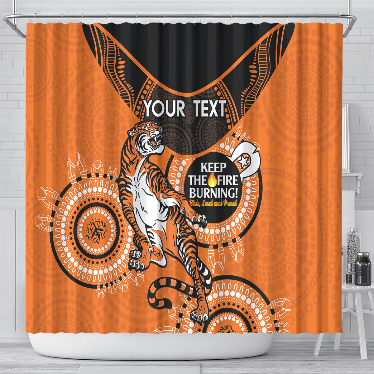 Custom NRL Tigers NAIDOC Week Shower Curtain Keep The Fire Burning Indigenous Art