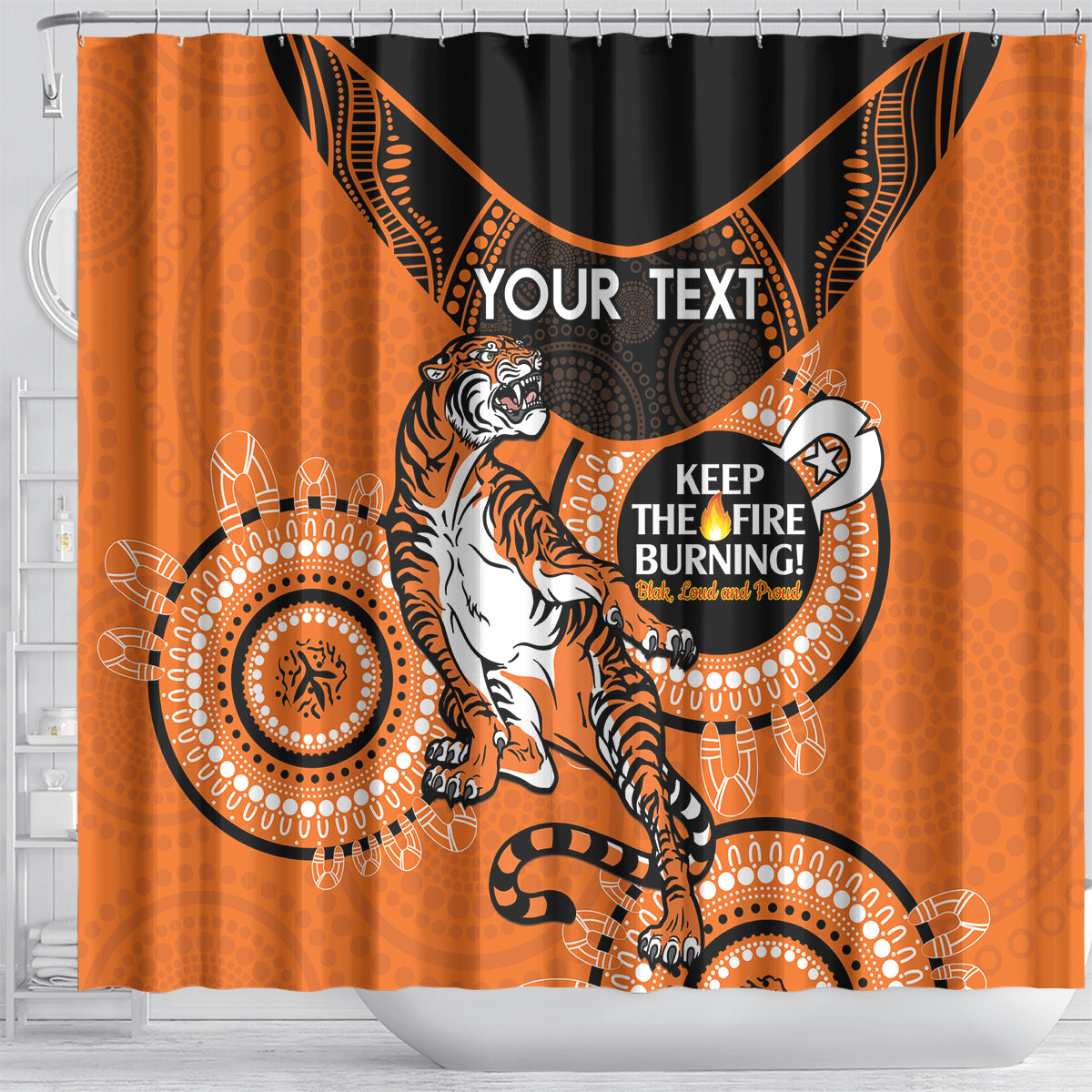Custom NRL Tigers NAIDOC Week Shower Curtain Keep The Fire Burning Indigenous Art