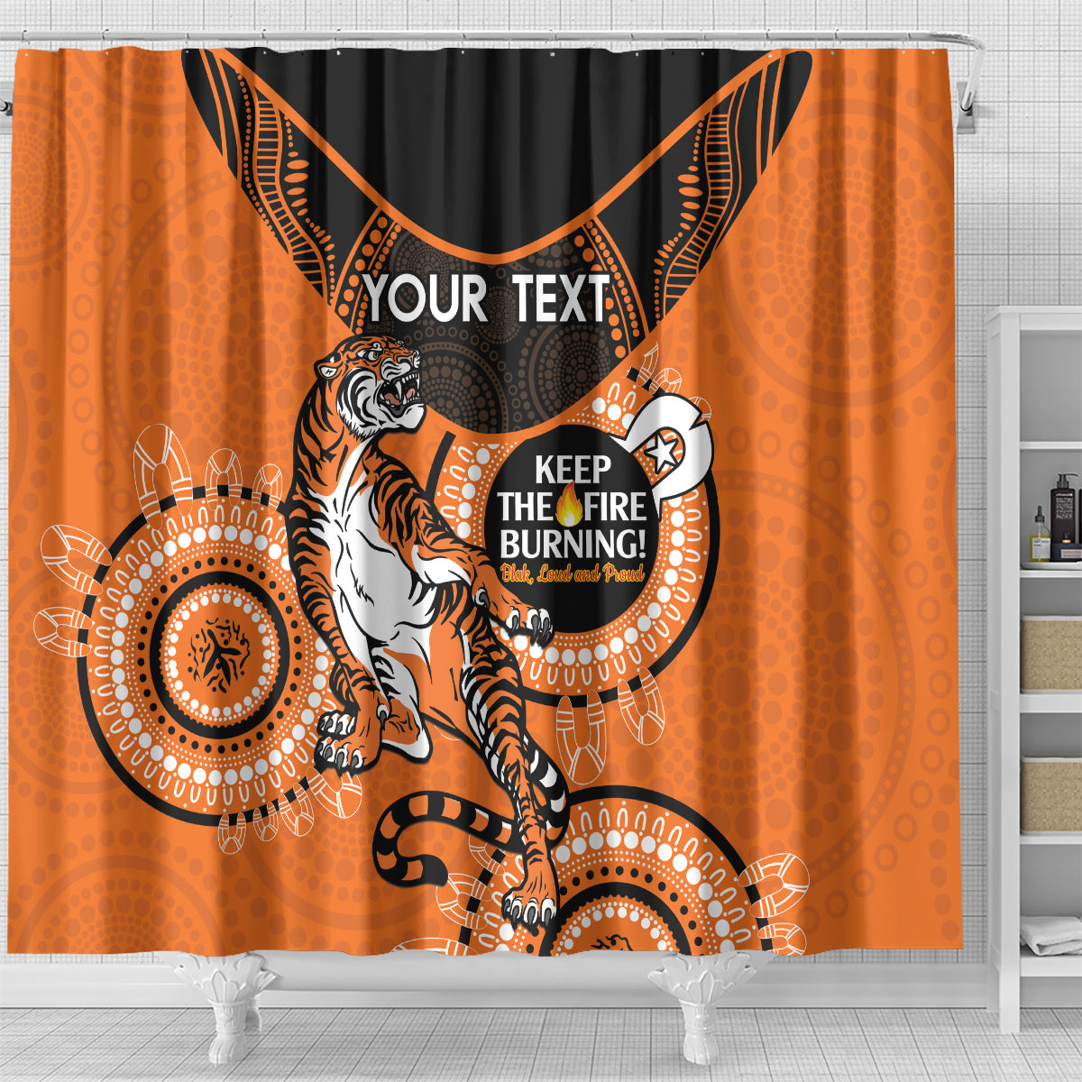 Custom NRL Tigers NAIDOC Week Shower Curtain Keep The Fire Burning Indigenous Art
