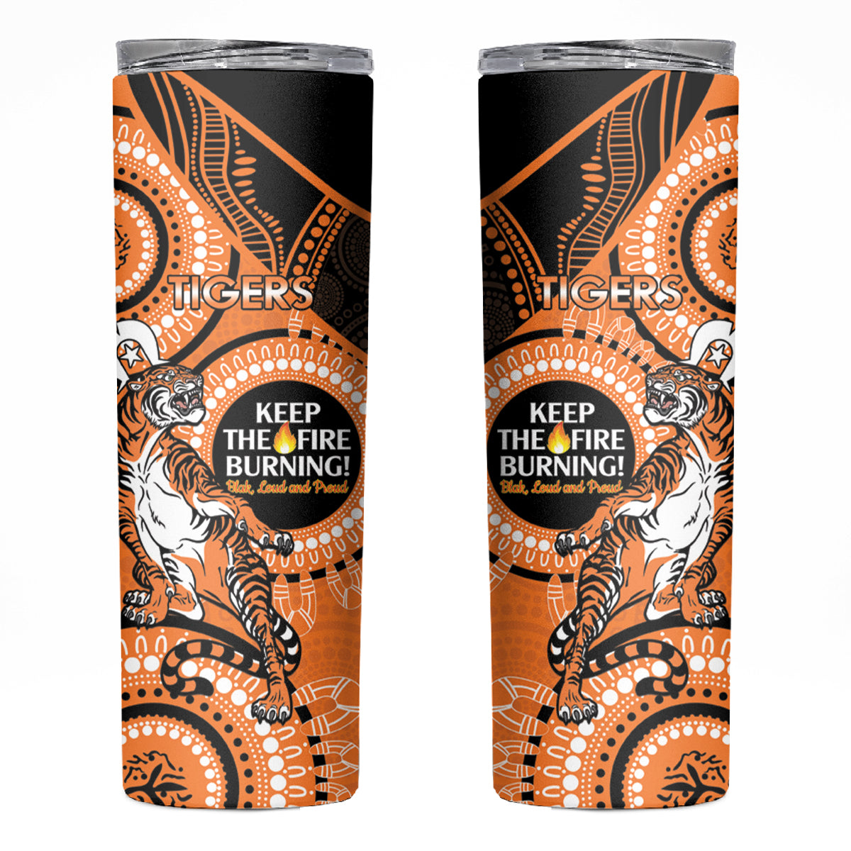 NRL Tigers NAIDOC Week Skinny Tumbler Keep The Fire Burning Indigenous Art