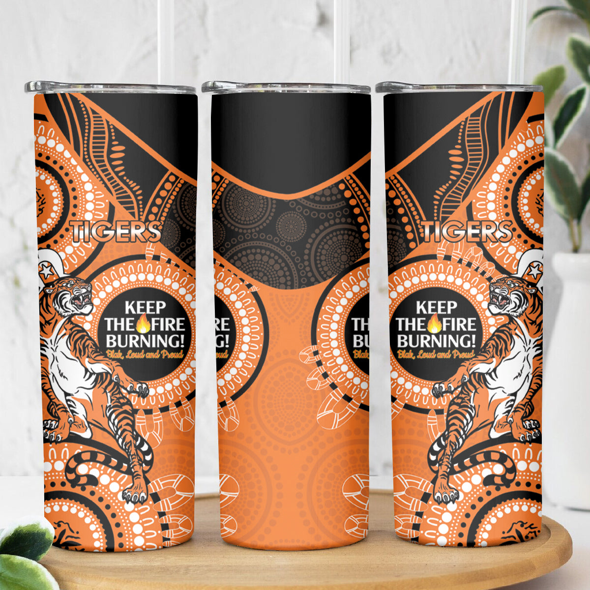 NRL Tigers NAIDOC Week Skinny Tumbler Keep The Fire Burning Indigenous Art