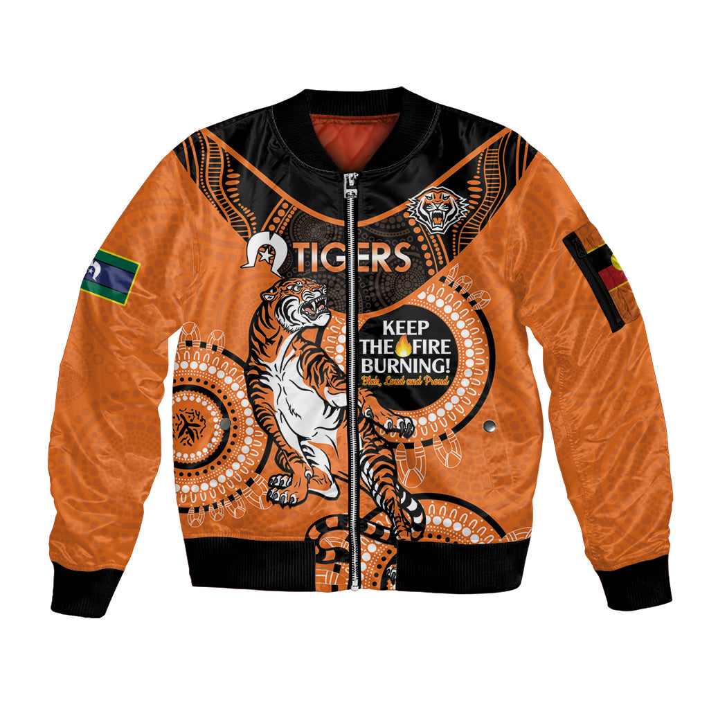 Custom NRL Tigers NAIDOC Week Sleeve Zip Bomber Jacket Keep The Fire Burning Indigenous Art