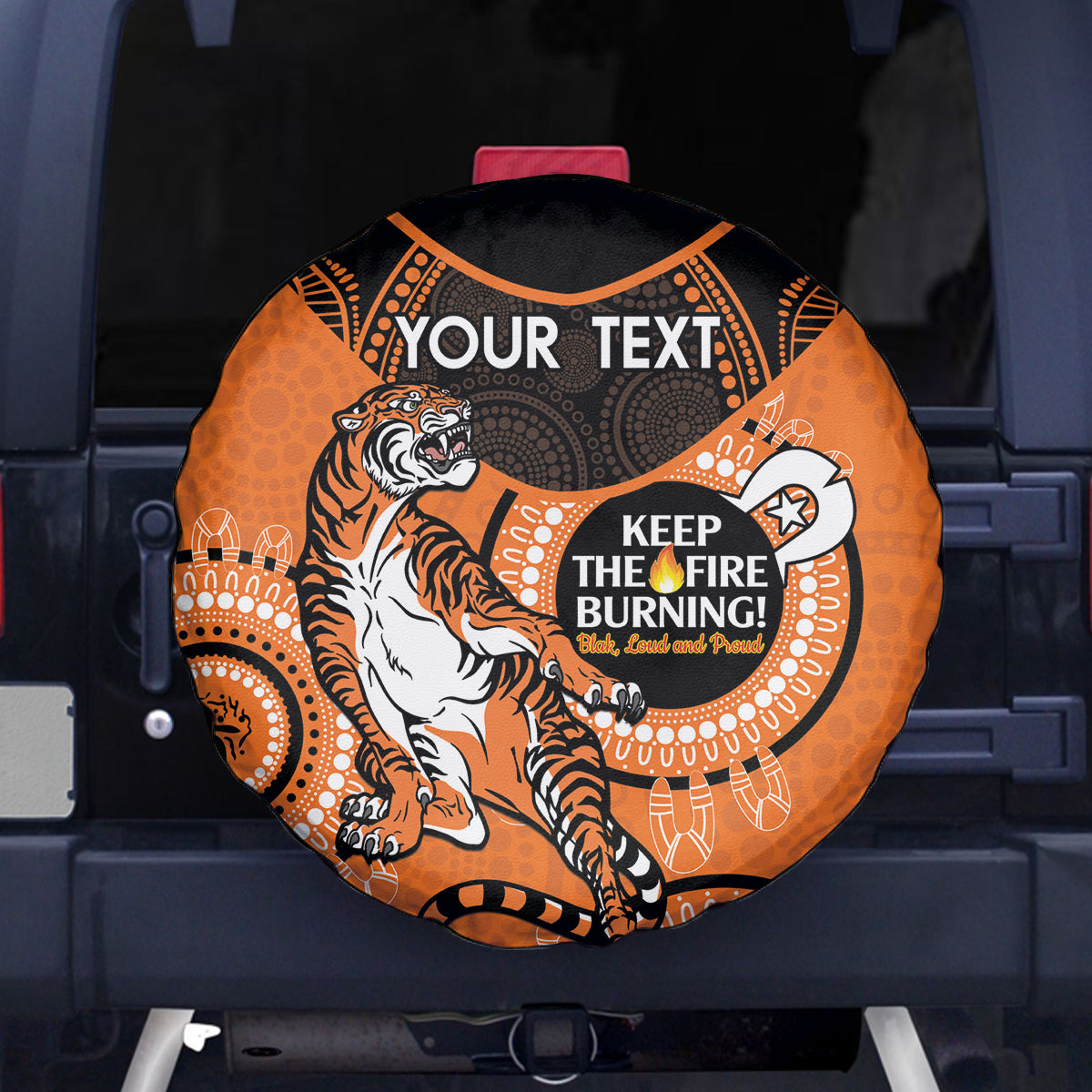 Custom NRL Tigers NAIDOC Week Spare Tire Cover Keep The Fire Burning Indigenous Art