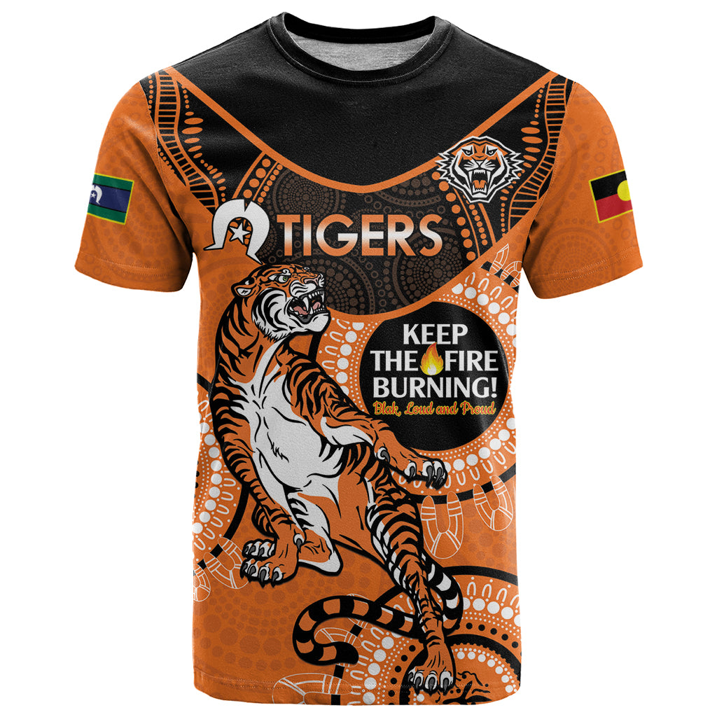 Custom NRL Tigers NAIDOC Week T Shirt Keep The Fire Burning Indigenous Art