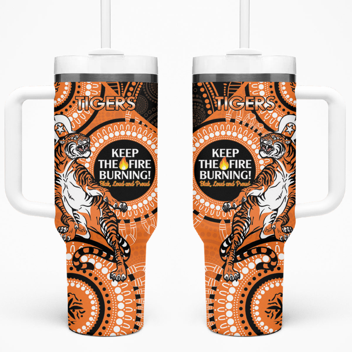 NRL Tigers NAIDOC Week Tumbler With Handle Keep The Fire Burning Indigenous Art