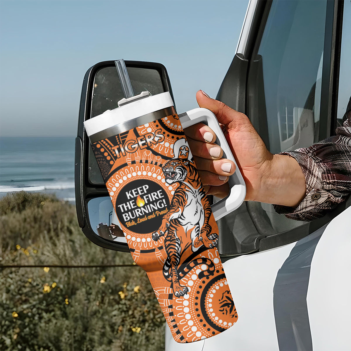 NRL Tigers NAIDOC Week Tumbler With Handle Keep The Fire Burning Indigenous Art