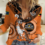 Custom NRL Tigers NAIDOC Week Women Casual Shirt Keep The Fire Burning Indigenous Art