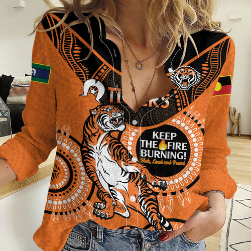 Custom NRL Tigers NAIDOC Week Women Casual Shirt Keep The Fire Burning Indigenous Art