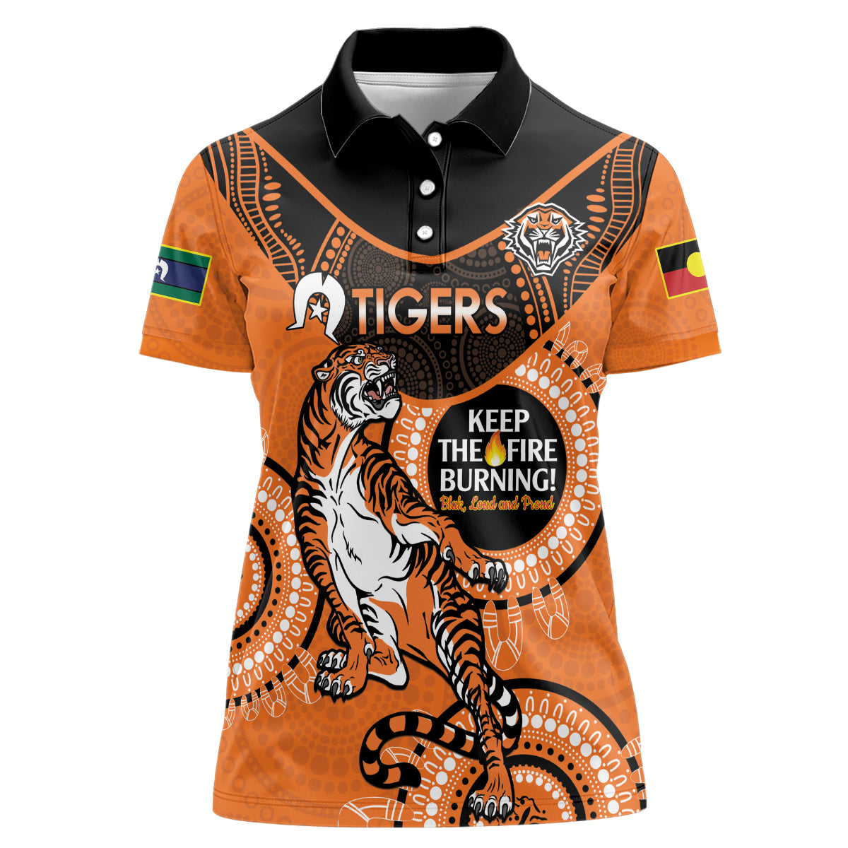 Custom NRL Tigers NAIDOC Week Women Polo Shirt Keep The Fire Burning Indigenous Art