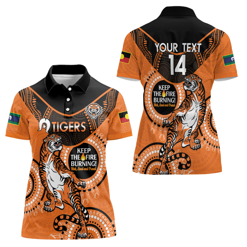Custom NRL Tigers NAIDOC Week Women Polo Shirt Keep The Fire Burning Indigenous Art