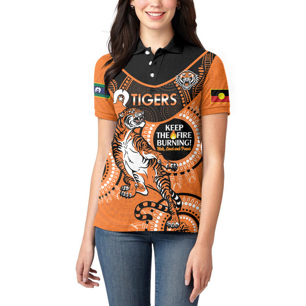 Custom NRL Tigers NAIDOC Week Women Polo Shirt Keep The Fire Burning Indigenous Art