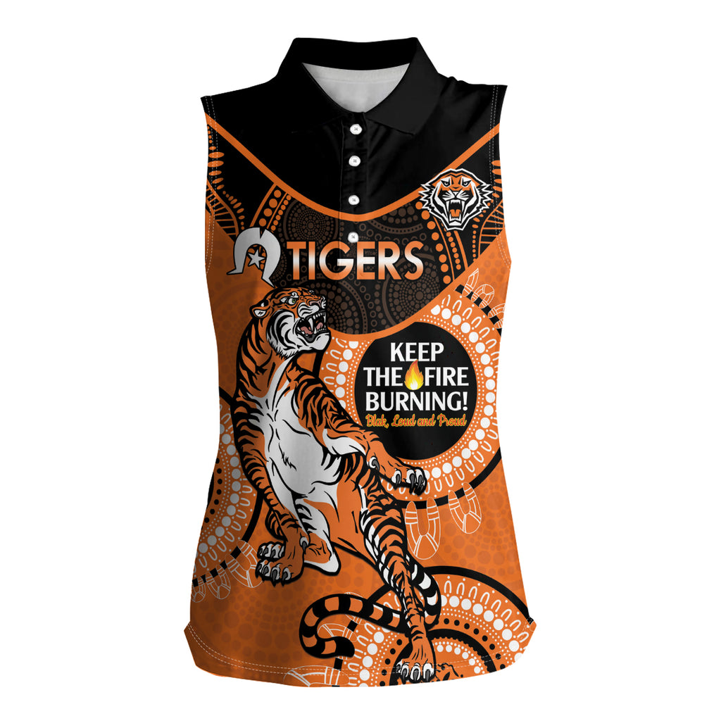 Custom NRL Tigers NAIDOC Week Women Sleeveless Polo Shirt Keep The Fire Burning Indigenous Art