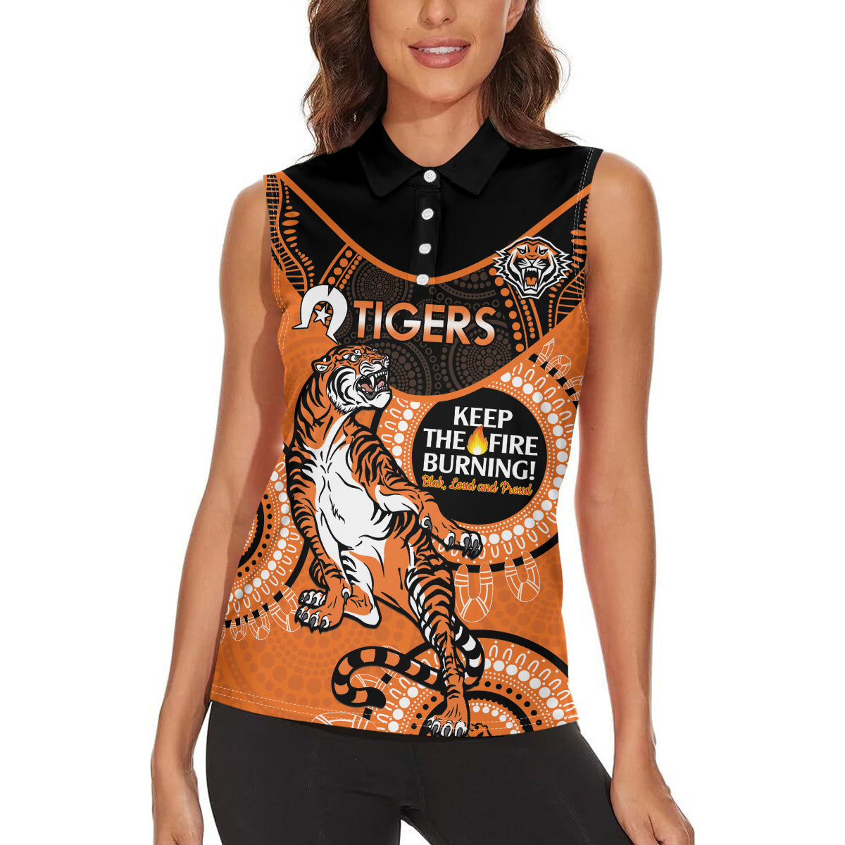 Custom NRL Tigers NAIDOC Week Women Sleeveless Polo Shirt Keep The Fire Burning Indigenous Art