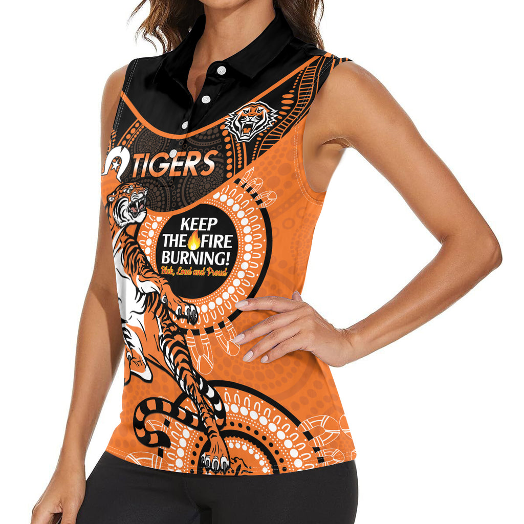 Custom NRL Tigers NAIDOC Week Women Sleeveless Polo Shirt Keep The Fire Burning Indigenous Art