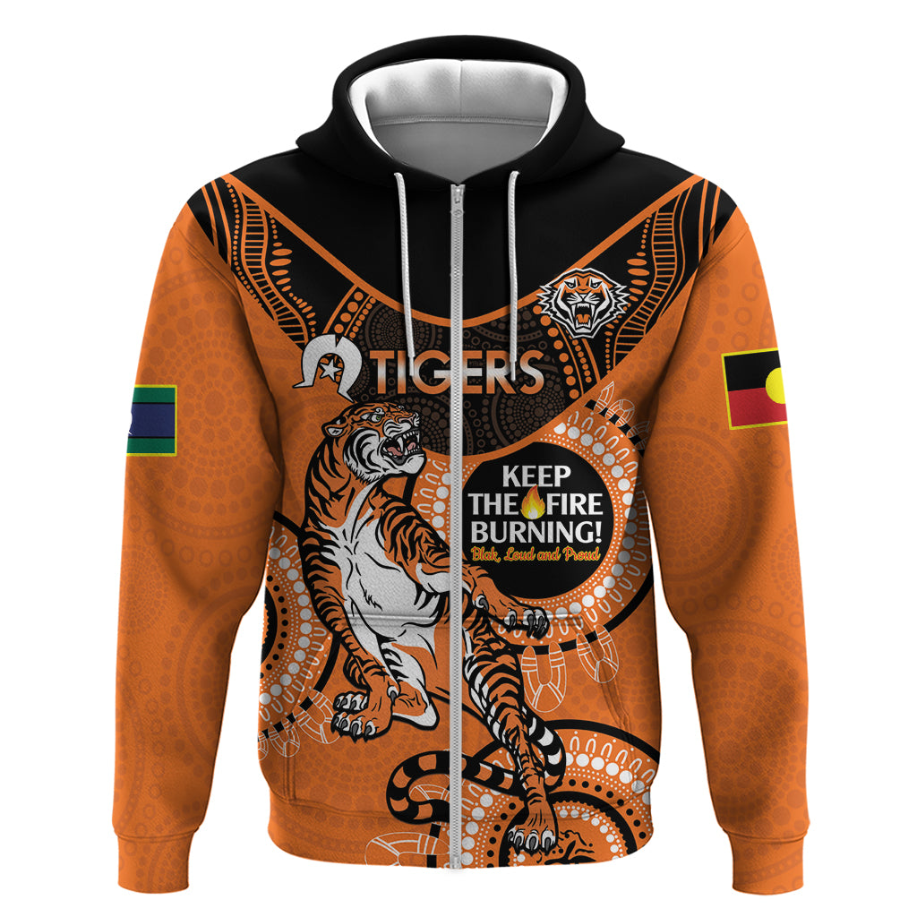 Custom NRL Tigers NAIDOC Week Zip Hoodie Keep The Fire Burning Indigenous Art