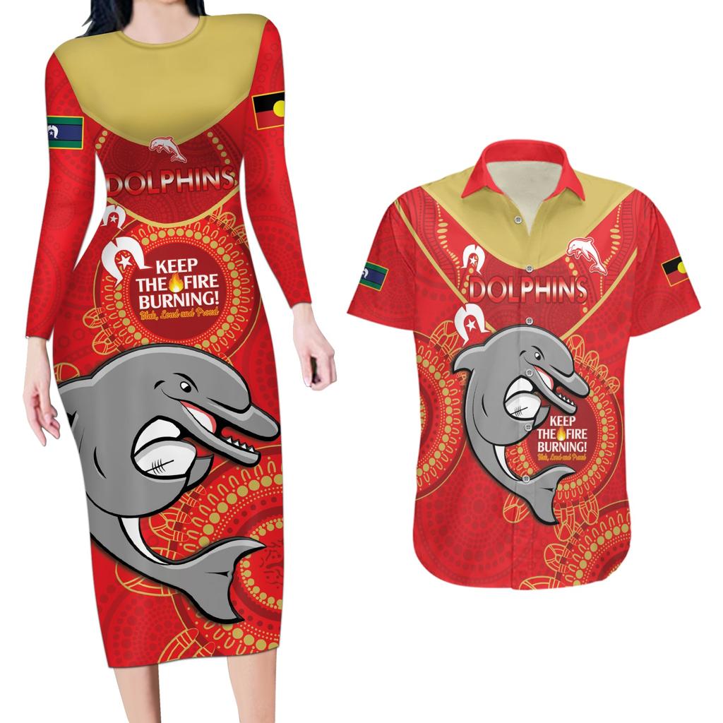 Custom NRL Dolphins NAIDOC Week Couples Matching Long Sleeve Bodycon Dress and Hawaiian Shirt Keep The Fire Burning Indigenous Art