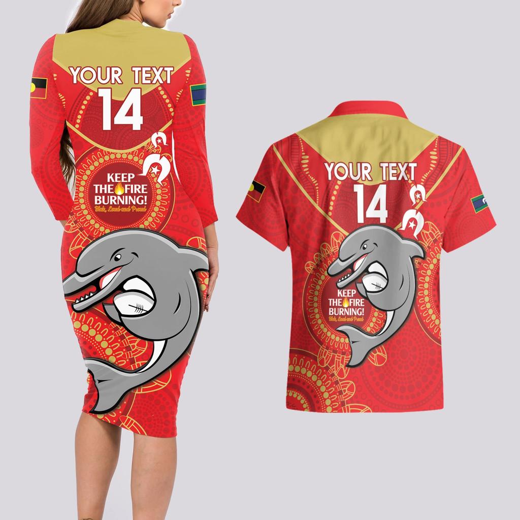 Custom NRL Dolphins NAIDOC Week Couples Matching Long Sleeve Bodycon Dress and Hawaiian Shirt Keep The Fire Burning Indigenous Art