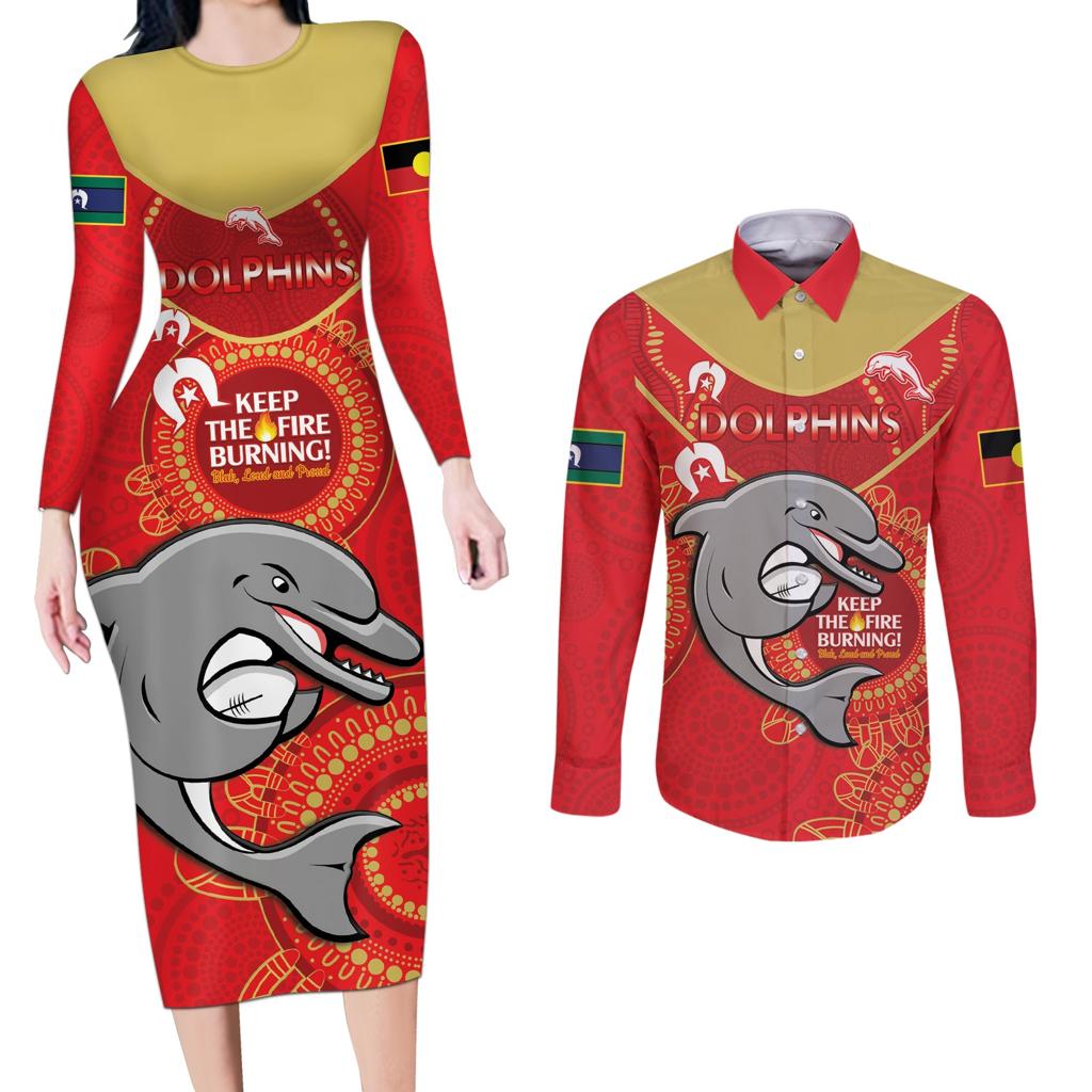 Custom NRL Dolphins NAIDOC Week Couples Matching Long Sleeve Bodycon Dress and Long Sleeve Button Shirt Keep The Fire Burning Indigenous Art