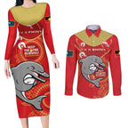 Custom NRL Dolphins NAIDOC Week Couples Matching Long Sleeve Bodycon Dress and Long Sleeve Button Shirt Keep The Fire Burning Indigenous Art
